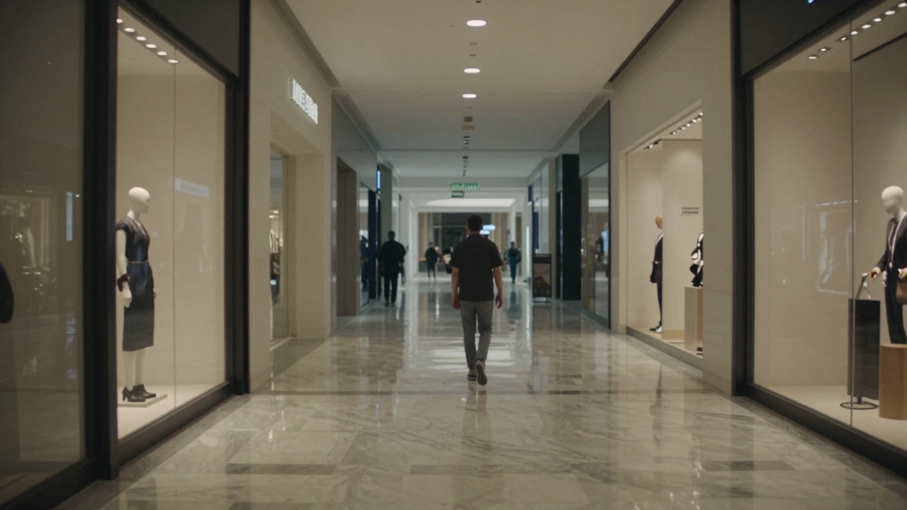 A solitary figure walking through the empty, softly lit corridors of Dubai Mall after hours.