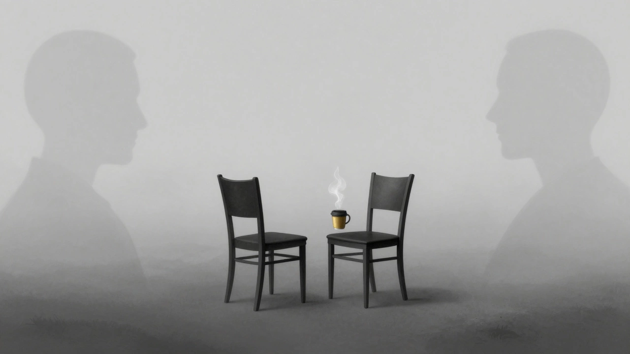 Two empty chairs in a foggy void, one slightly disturbed, with a steaming coffee cup and faint silhouettes nearby.