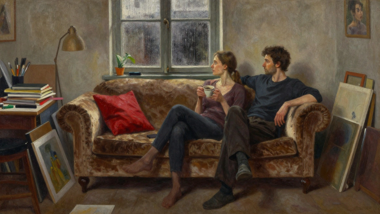 Two people sit in silent companionship on a velvet sofa in a softly lit studio, coffee cup between them.